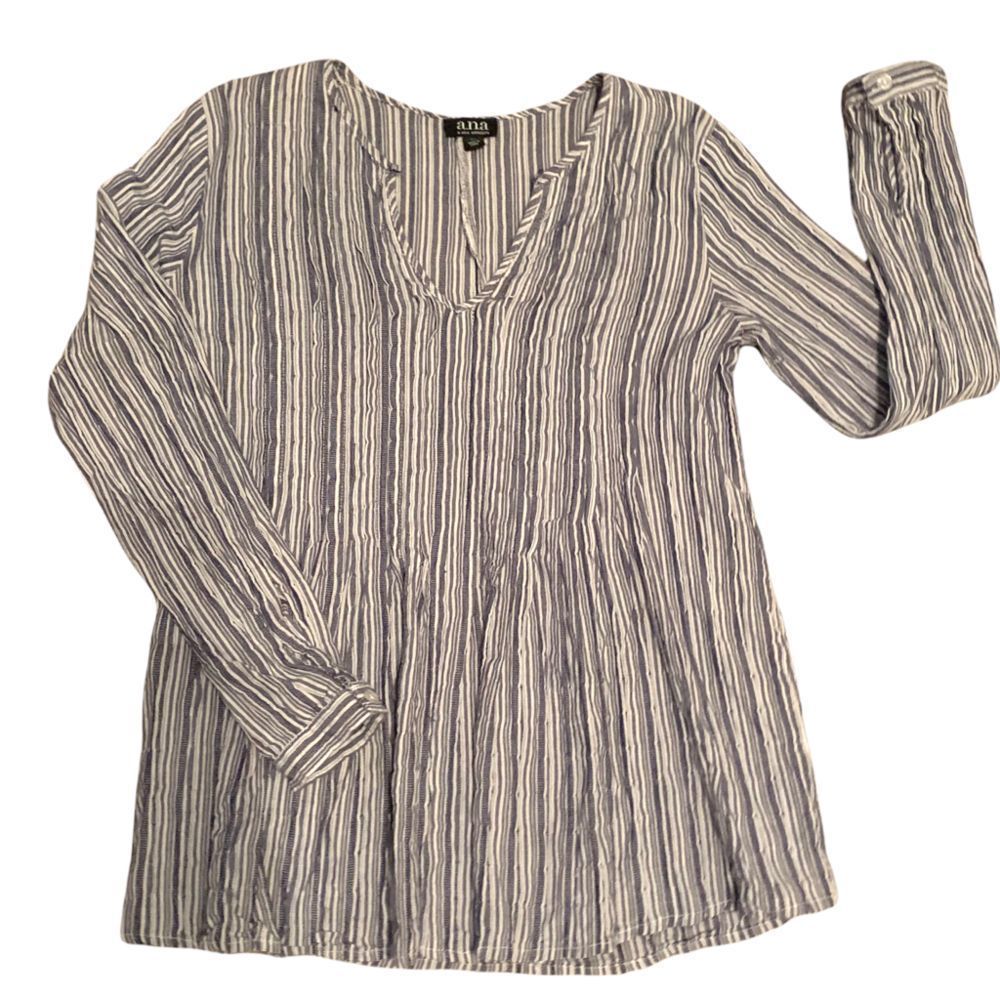 a.n.a. Denim Blue/White Striped Gauze Peasant Blouse S (A-122)